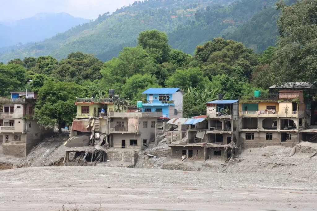 Riverside buildings in Nuwakot bear the scars of last week’s floods